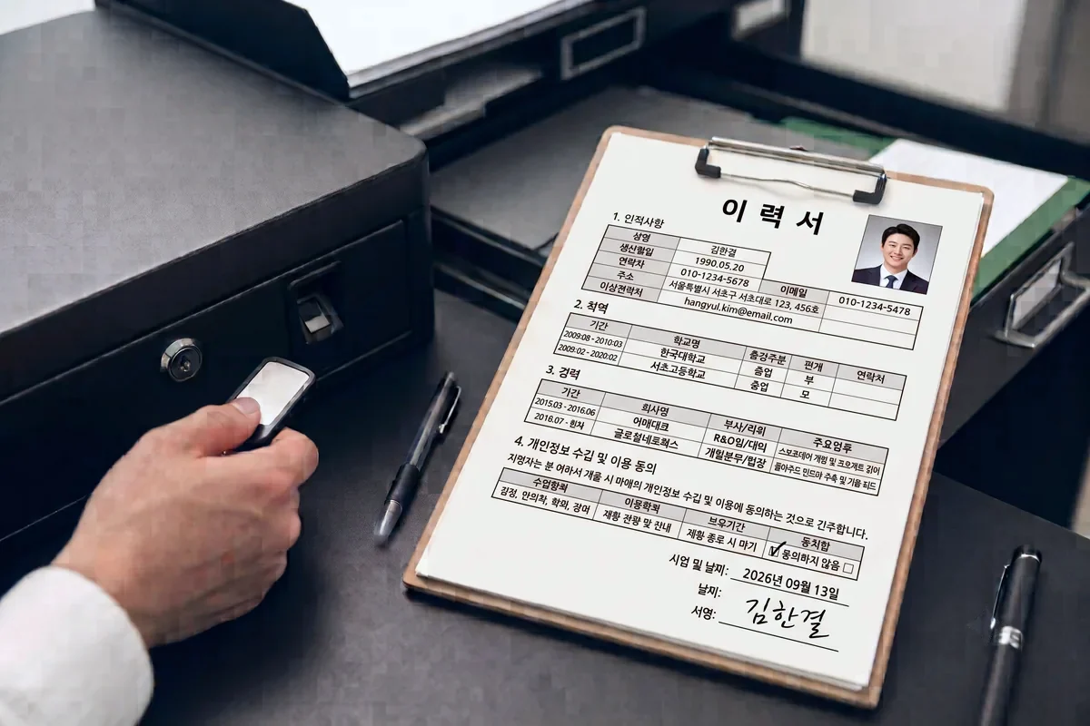 책상 위 클립보드에 개인정보 수집·이용 동의란이 포함된 서식이 놓여 있고, 옆에 잠금장치가 달린 문서함이 있다