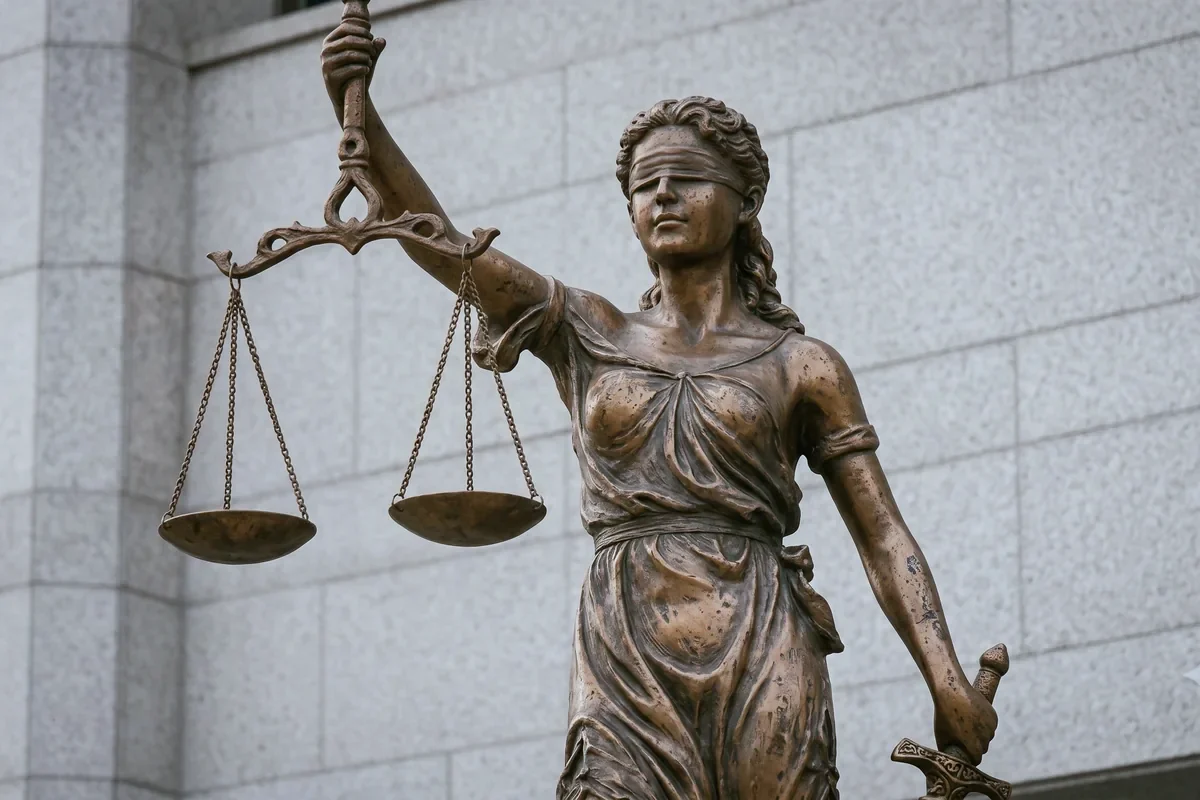 법과 정의를 상징하는 저울과 검을 든 여신상이 건물 앞에 서 있다