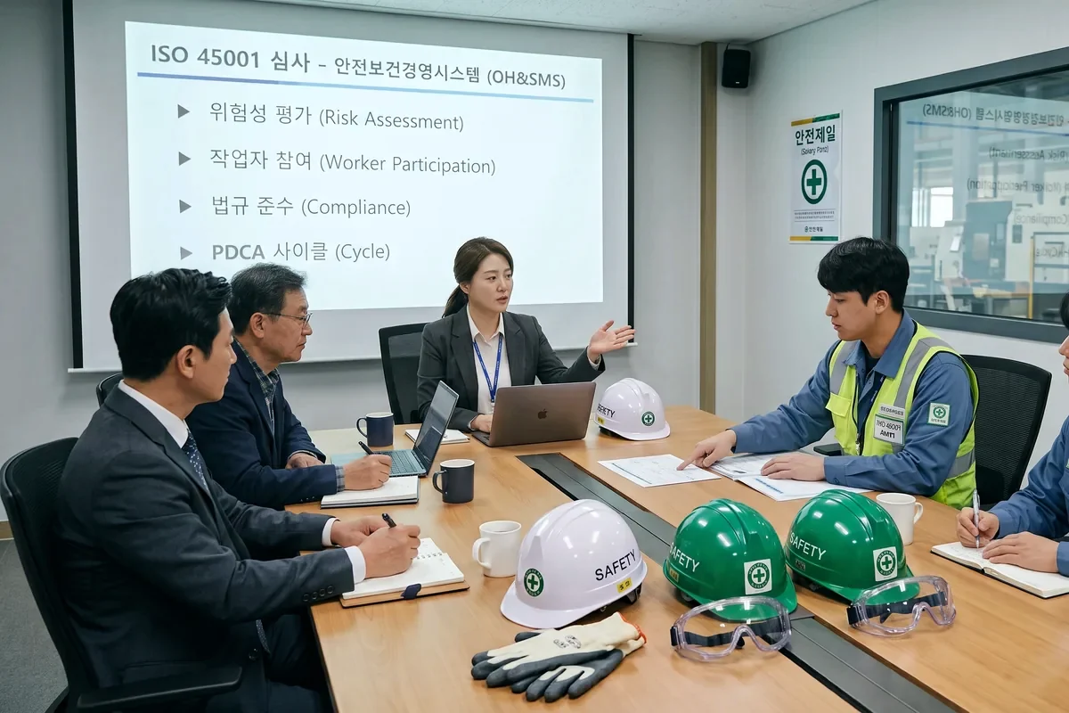회의실에서 발표자가 안전보건경영시스템 심사 항목이 적힌 화면을 설명하고 있고, 참석자들이 기록하고 있다. 탁자 위에 안전모와 보안경, 장갑이 놓여 있다