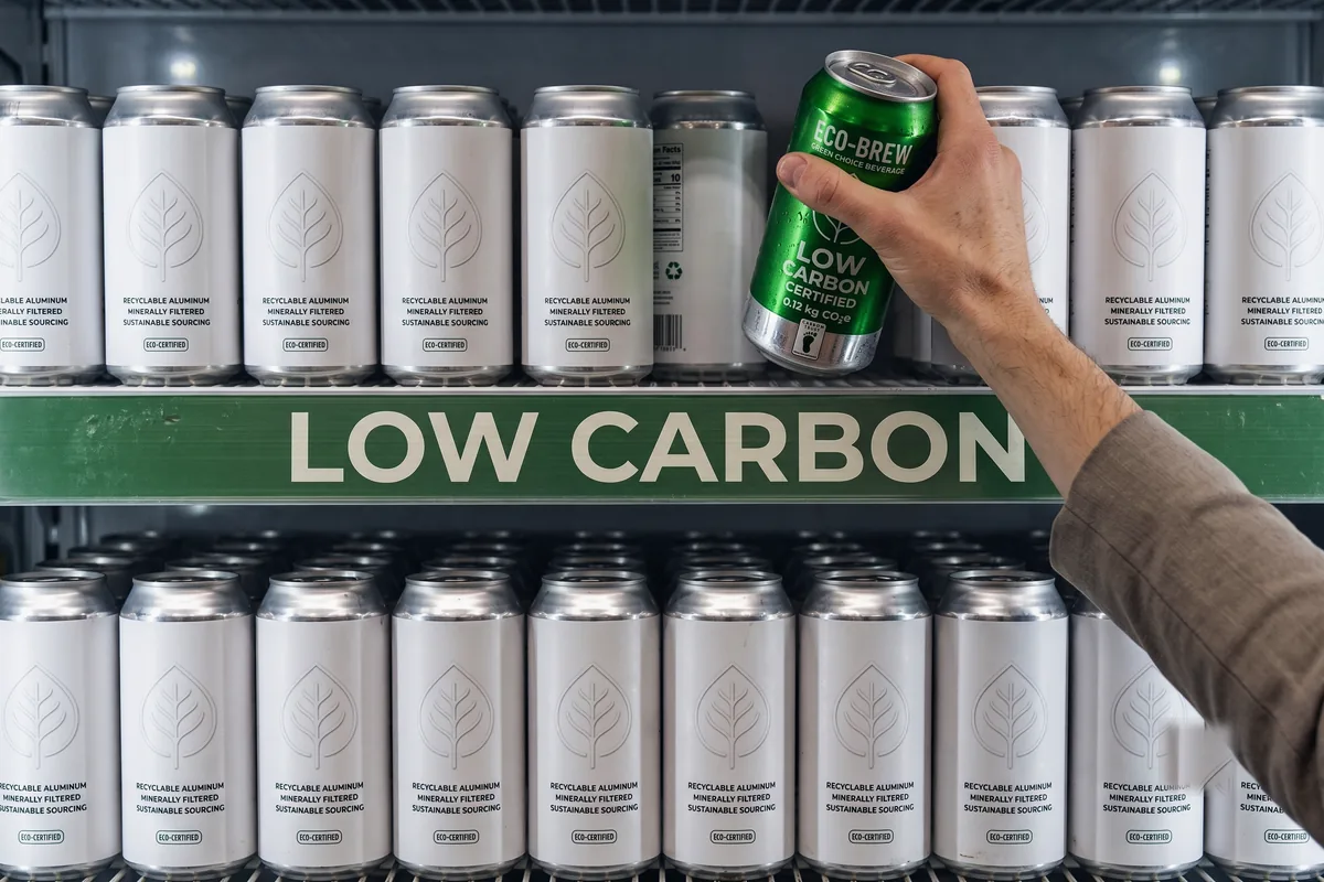 매장 냉장 진열대. 가운데 선반에 LOW CARBON이라고 적힌 초록색 표시 띠가 붙어 있고, 손 하나가 그 줄에서 초록색 캔 하나를 집어 들고 있다. 나머지 캔은 흰색이다